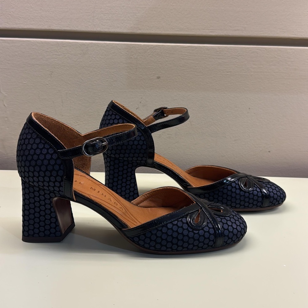 Chie Mihara Navy Polka Dot Mary Jane Block Heels